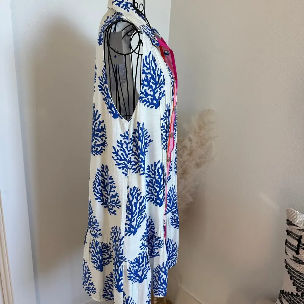 THML White Blue Coral Print Sleeveless Pleated Buttom Mini Dress Pink Trim NWT-M - Picture 6 of 10